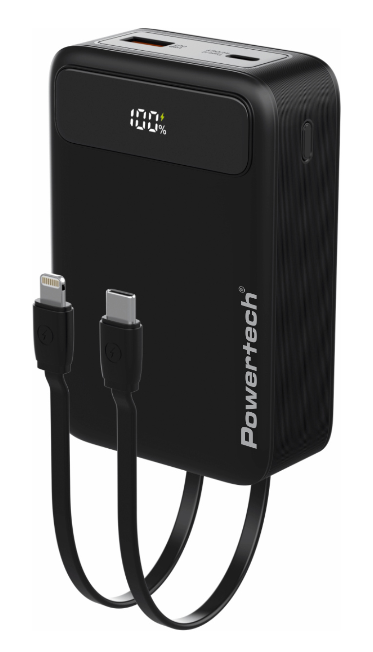 power bank powertech με καλώδια & οθόνη, 20000mah, 22.5W, μαύρο